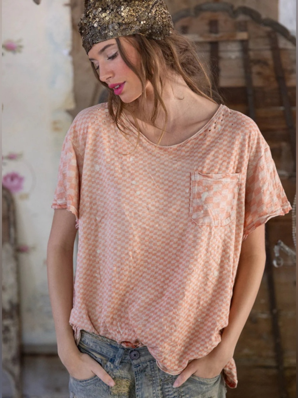 Magnolia Pearl Piecewise Pocket Tee in Tabby paint splattered distressed cotton